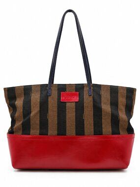 Fendi Vintage Pequin Stripe Tote Bag Brown Black Red Leather